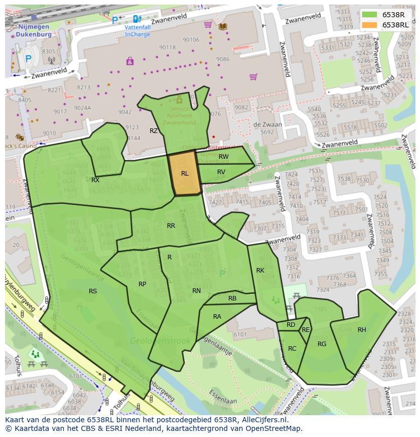 Afbeelding van het postcodegebied 6538 RL op de kaart.