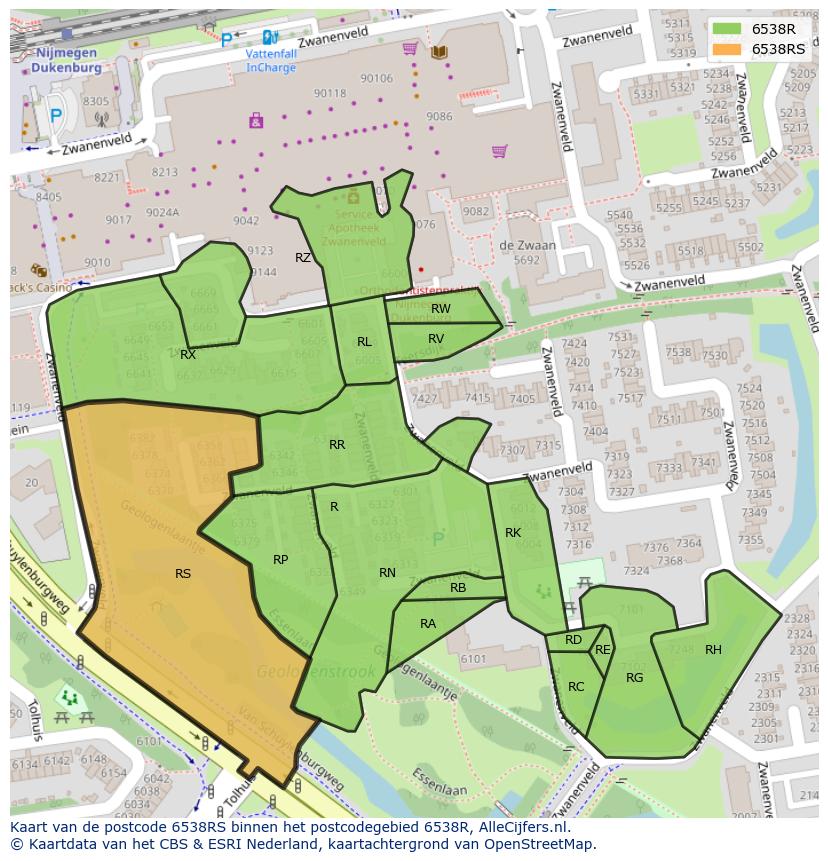 Afbeelding van het postcodegebied 6538 RS op de kaart.