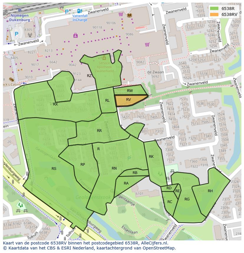 Afbeelding van het postcodegebied 6538 RV op de kaart.