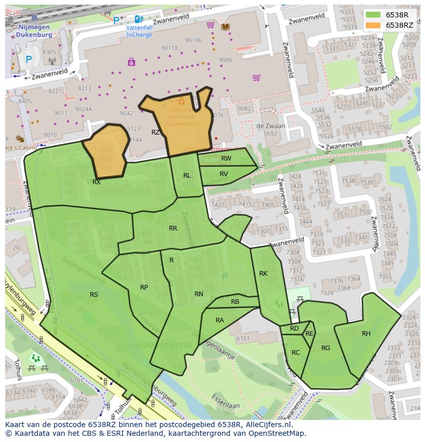 Afbeelding van het postcodegebied 6538 RZ op de kaart.