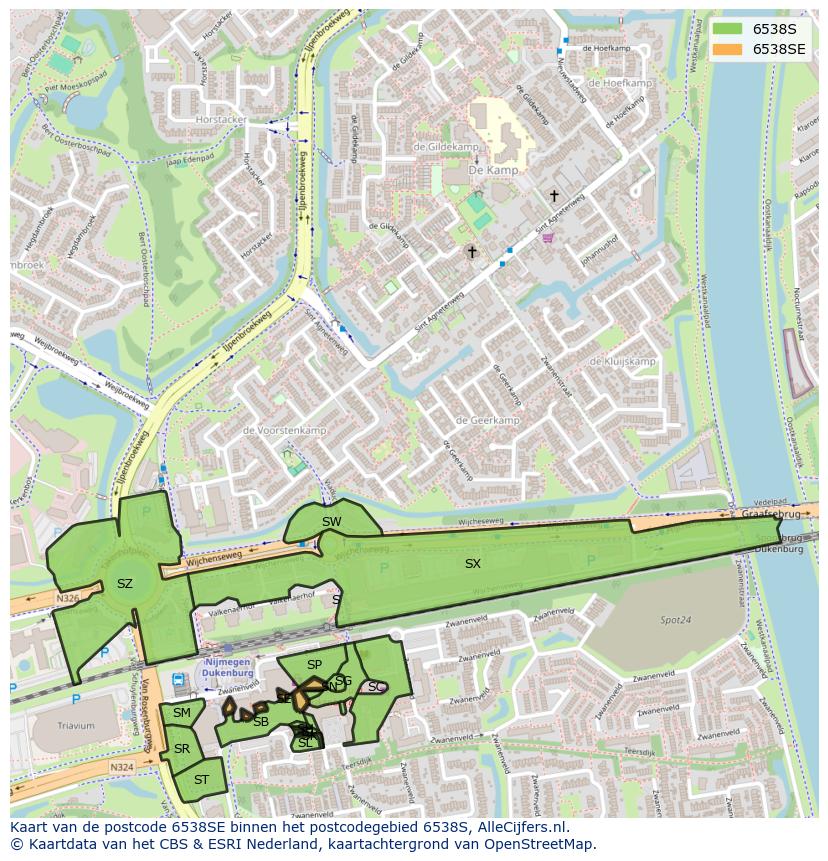 Afbeelding van het postcodegebied 6538 SE op de kaart.