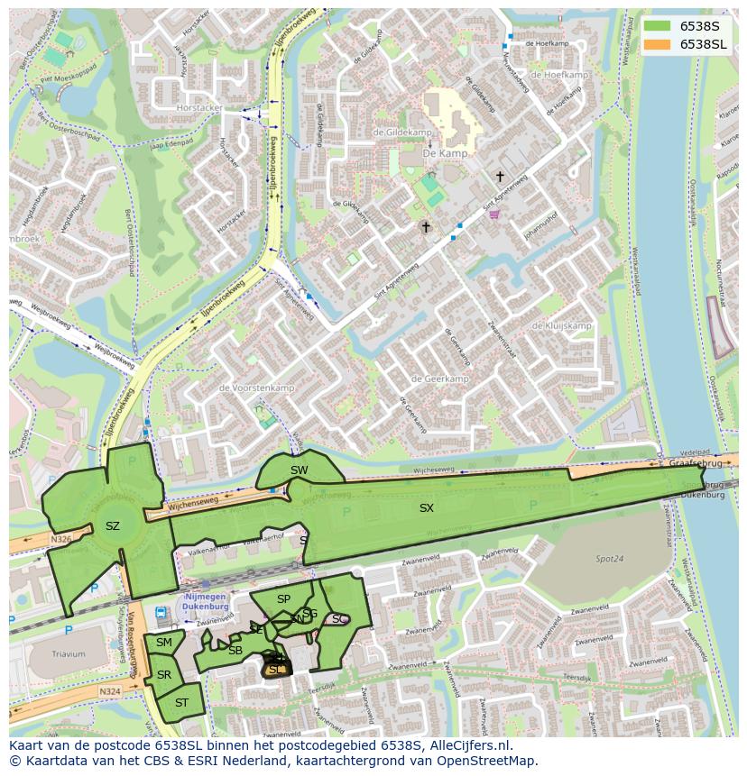 Afbeelding van het postcodegebied 6538 SL op de kaart.