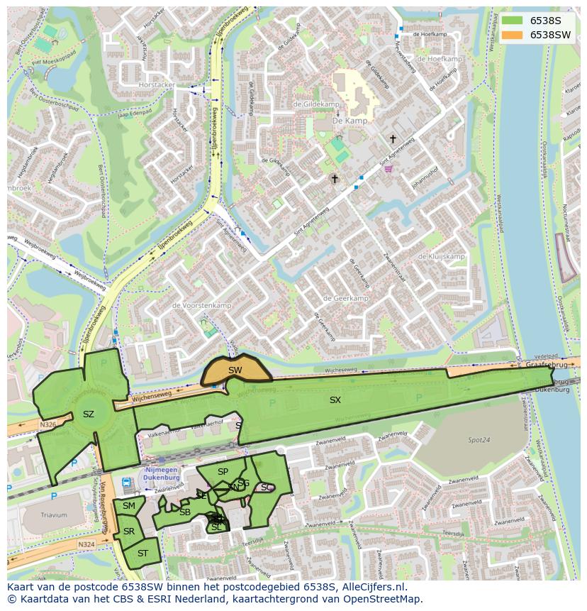 Afbeelding van het postcodegebied 6538 SW op de kaart.