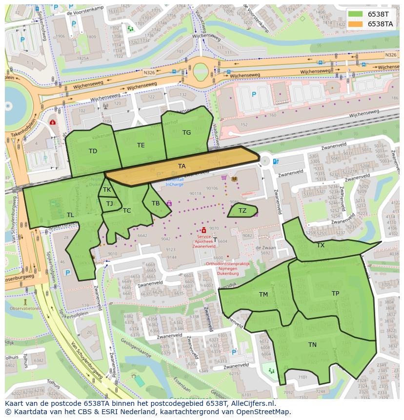 Afbeelding van het postcodegebied 6538 TA op de kaart.