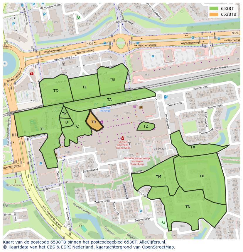 Afbeelding van het postcodegebied 6538 TB op de kaart.