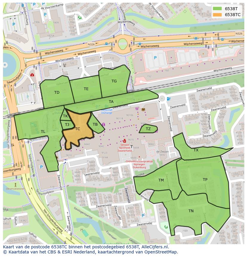Afbeelding van het postcodegebied 6538 TC op de kaart.