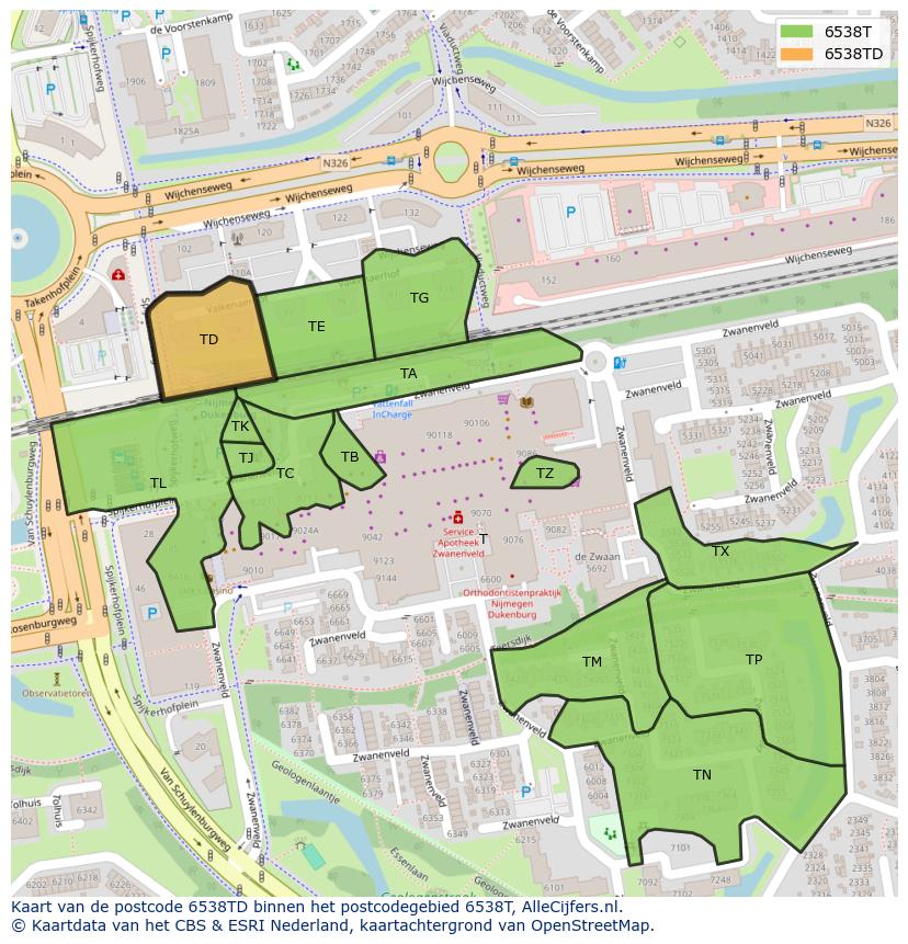 Afbeelding van het postcodegebied 6538 TD op de kaart.