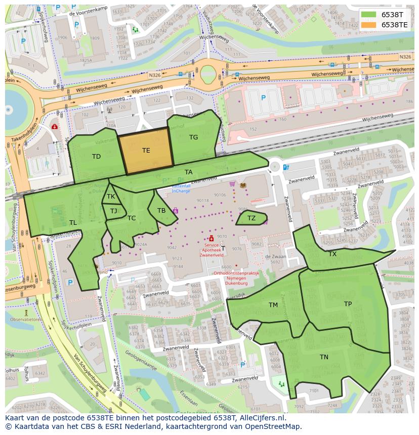 Afbeelding van het postcodegebied 6538 TE op de kaart.