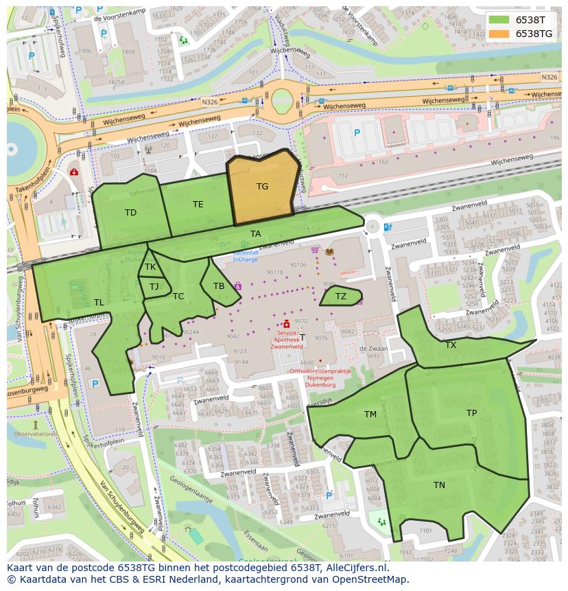 Afbeelding van het postcodegebied 6538 TG op de kaart.