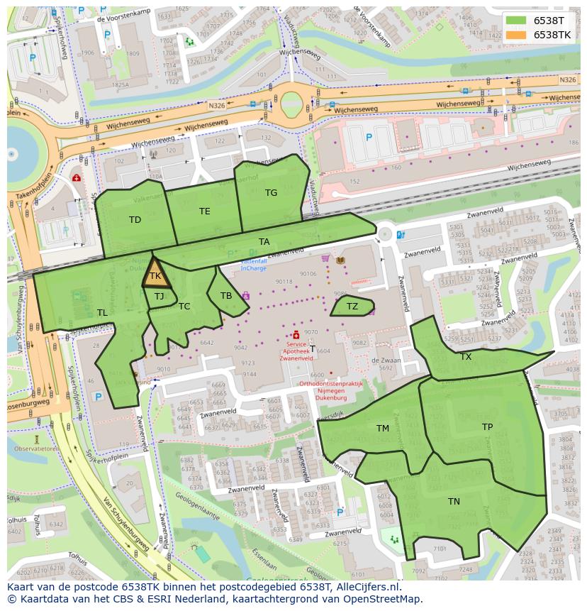 Afbeelding van het postcodegebied 6538 TK op de kaart.