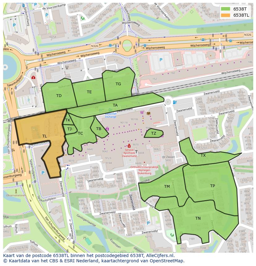 Afbeelding van het postcodegebied 6538 TL op de kaart.