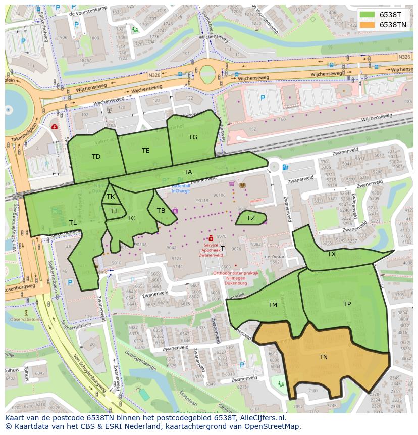 Afbeelding van het postcodegebied 6538 TN op de kaart.