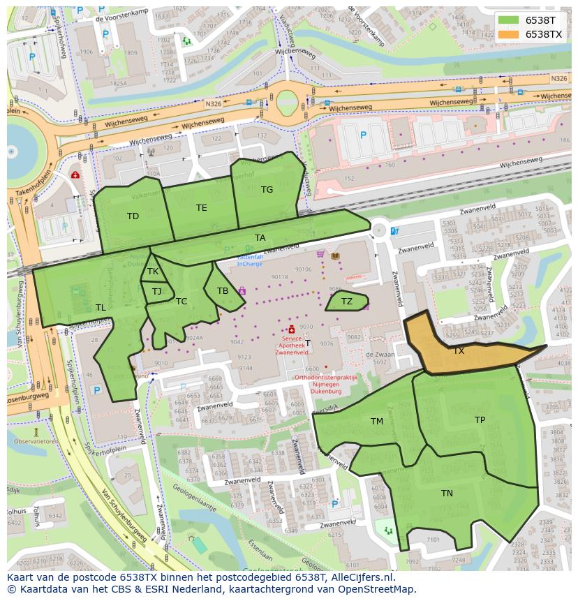 Afbeelding van het postcodegebied 6538 TX op de kaart.