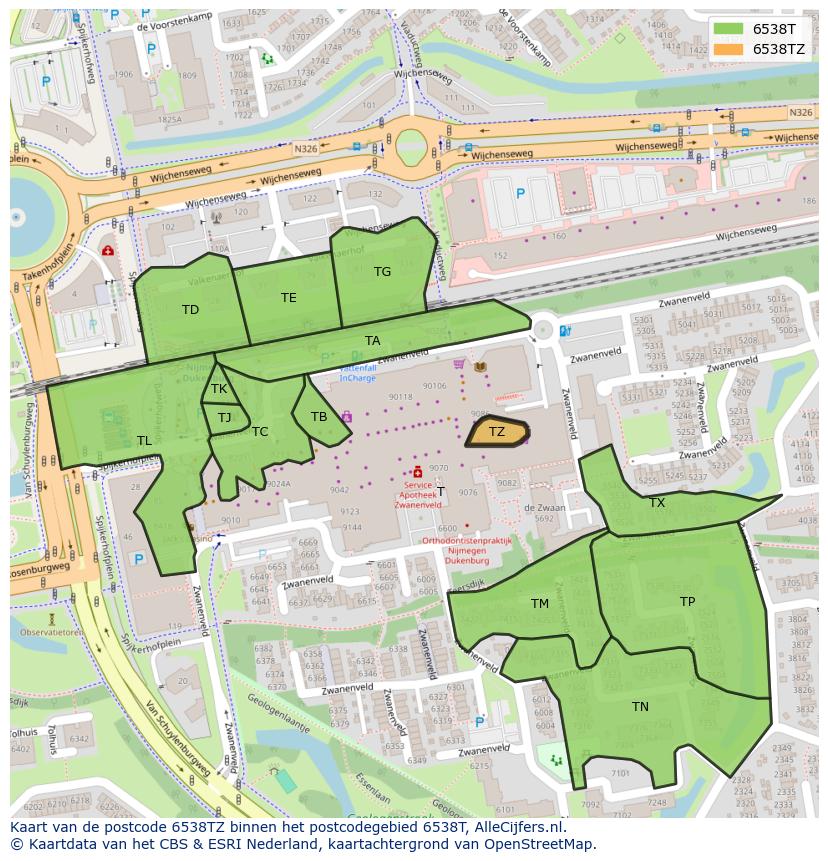 Afbeelding van het postcodegebied 6538 TZ op de kaart.