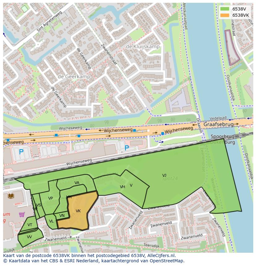 Afbeelding van het postcodegebied 6538 VK op de kaart.