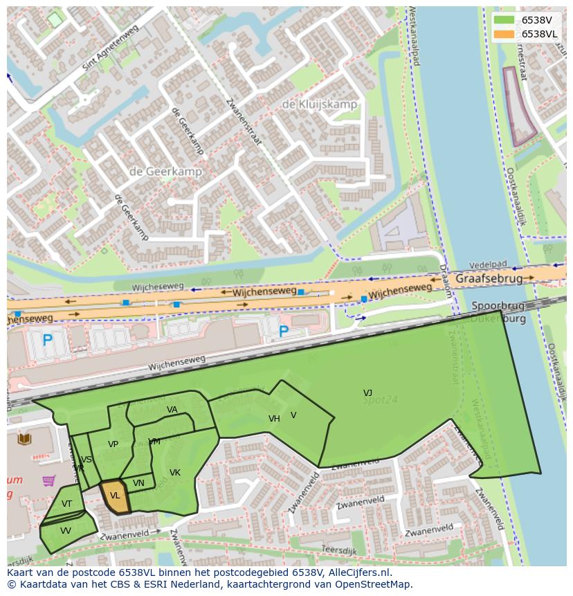 Afbeelding van het postcodegebied 6538 VL op de kaart.
