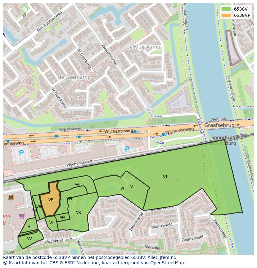 Afbeelding van het postcodegebied 6538 VP op de kaart.