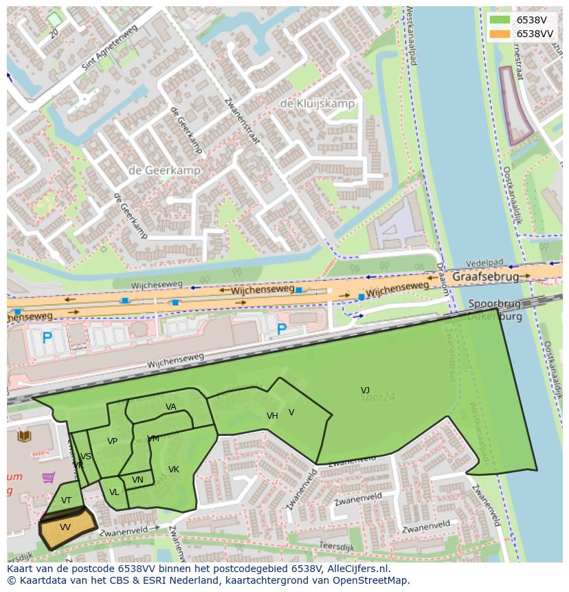 Afbeelding van het postcodegebied 6538 VV op de kaart.