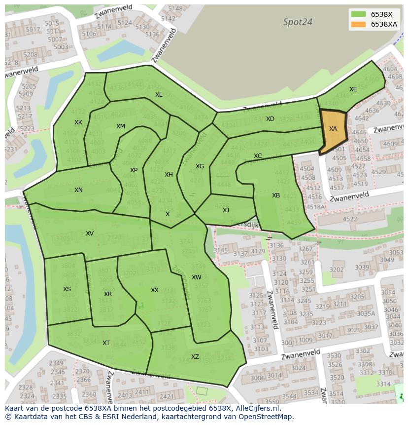 Afbeelding van het postcodegebied 6538 XA op de kaart.