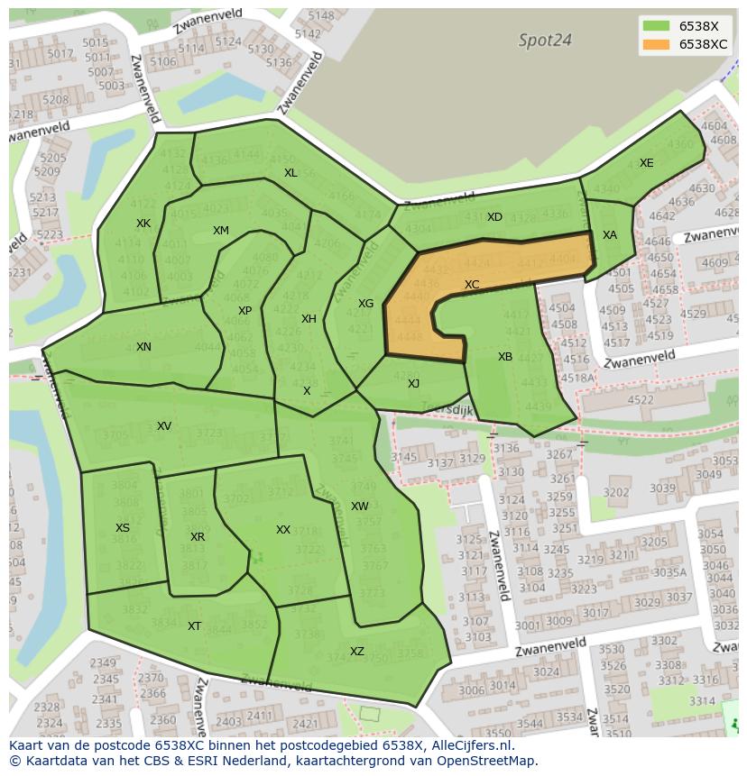 Afbeelding van het postcodegebied 6538 XC op de kaart.
