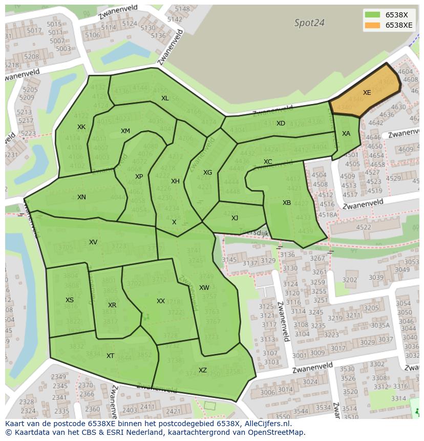 Afbeelding van het postcodegebied 6538 XE op de kaart.