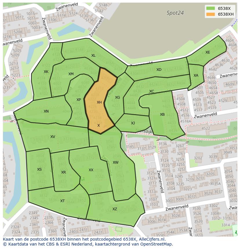 Afbeelding van het postcodegebied 6538 XH op de kaart.