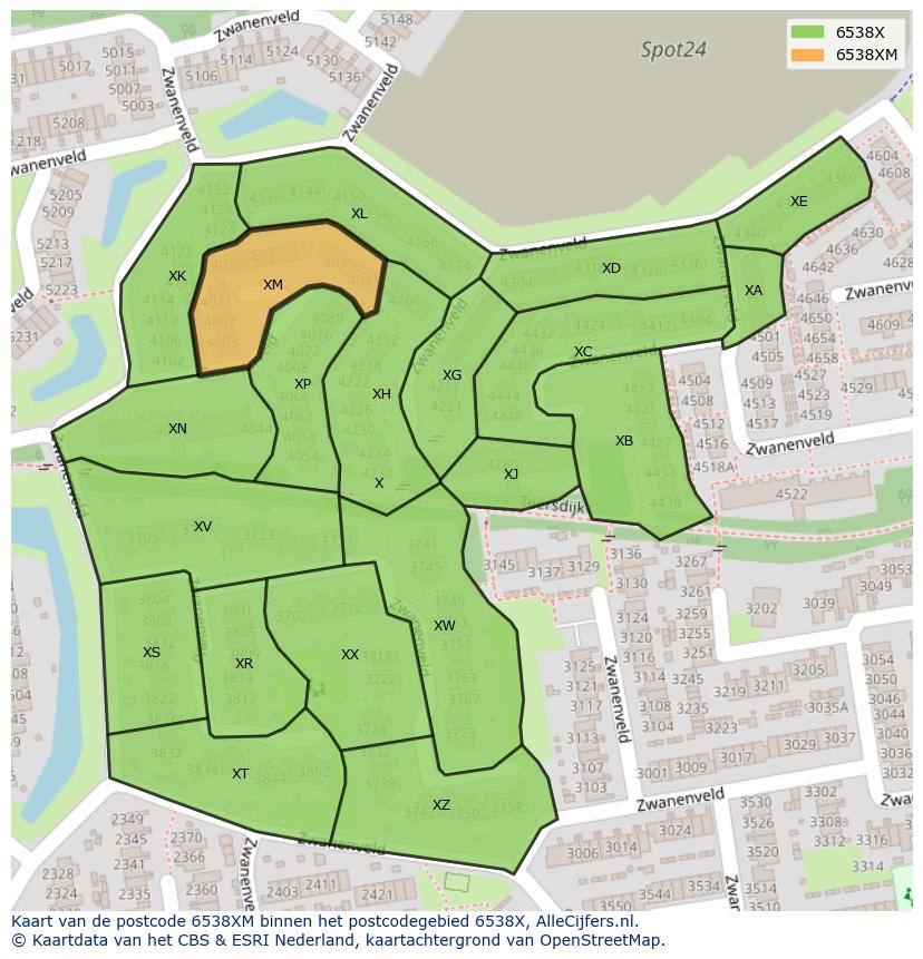Afbeelding van het postcodegebied 6538 XM op de kaart.