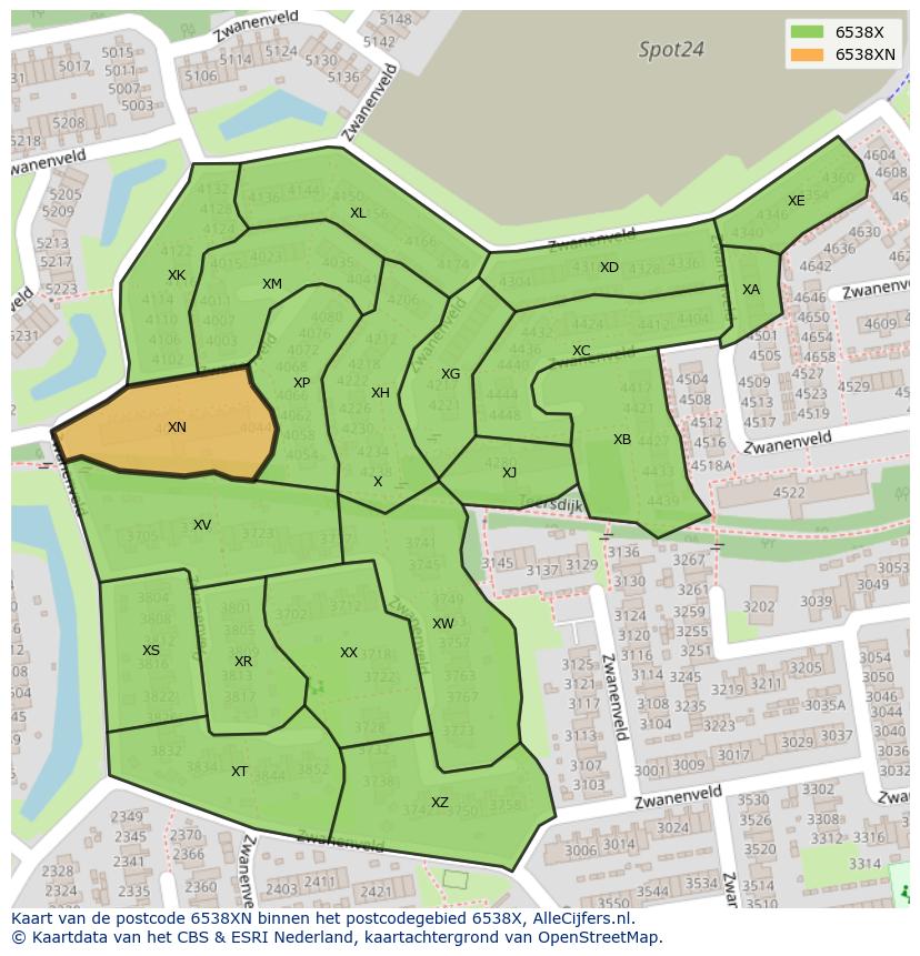 Afbeelding van het postcodegebied 6538 XN op de kaart.