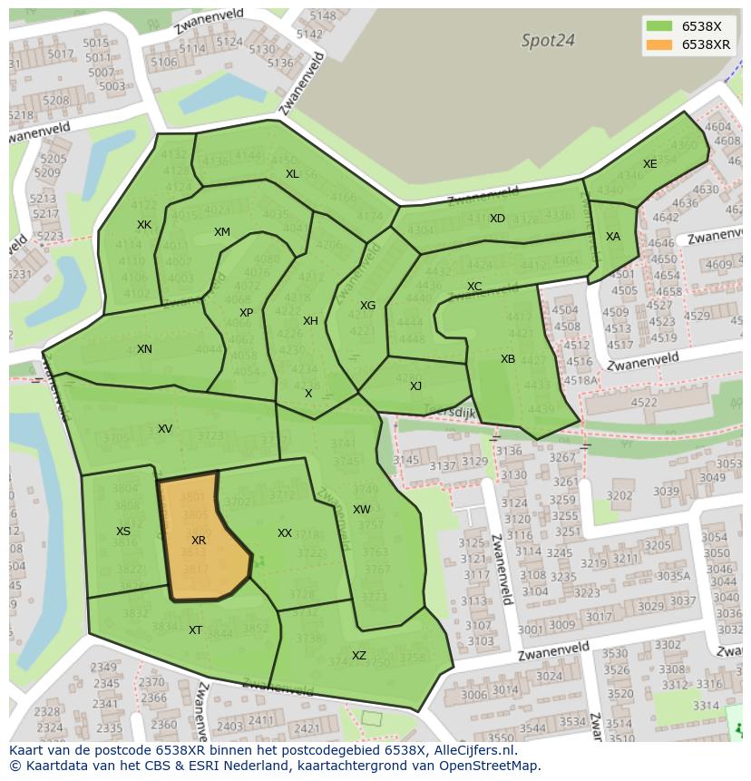 Afbeelding van het postcodegebied 6538 XR op de kaart.