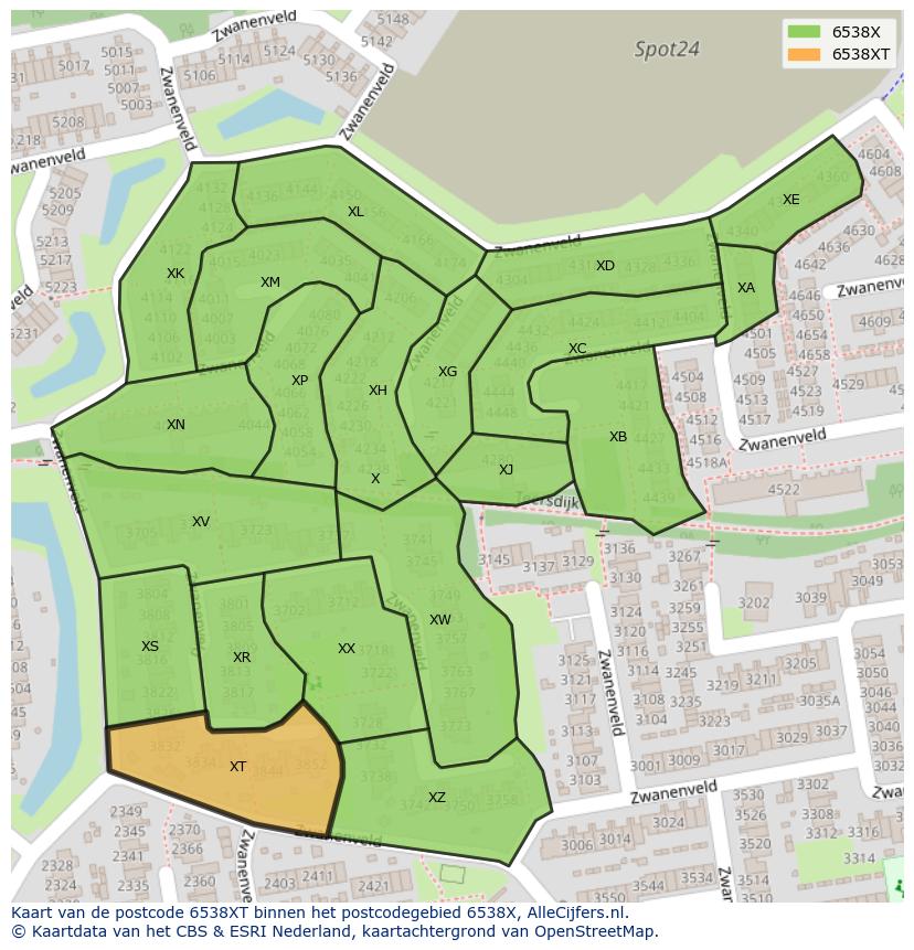 Afbeelding van het postcodegebied 6538 XT op de kaart.