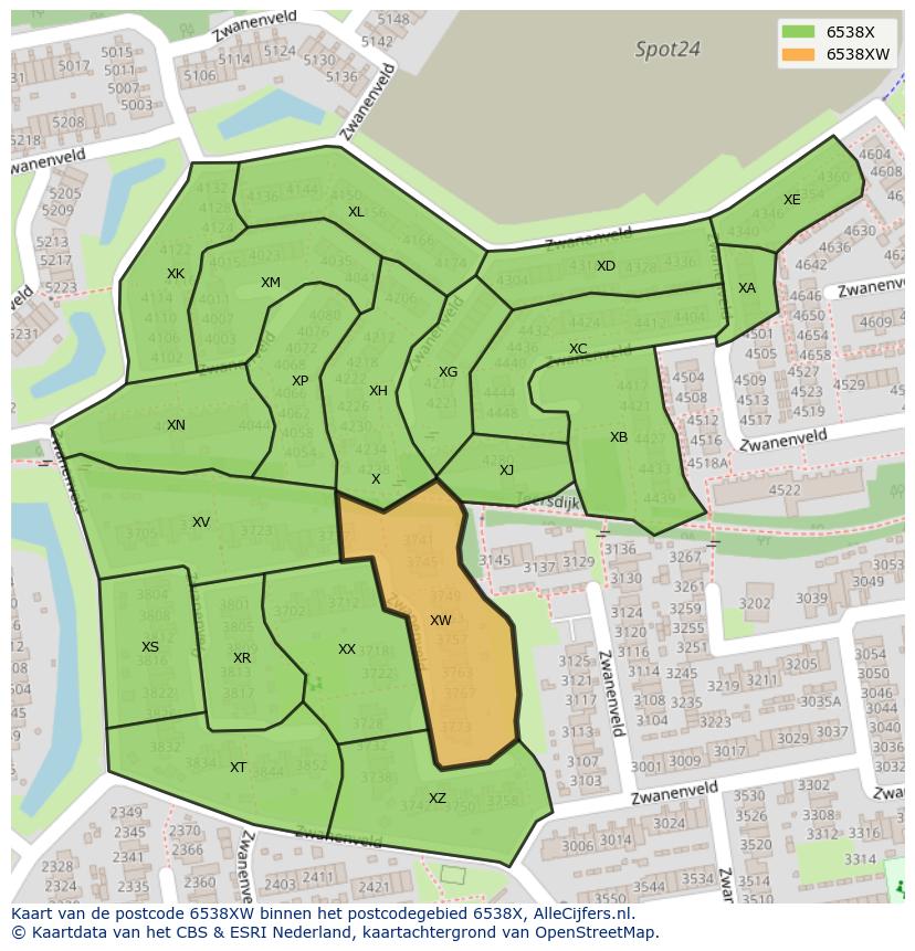Afbeelding van het postcodegebied 6538 XW op de kaart.