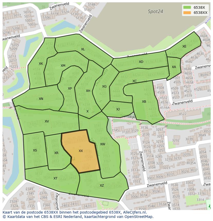 Afbeelding van het postcodegebied 6538 XX op de kaart.