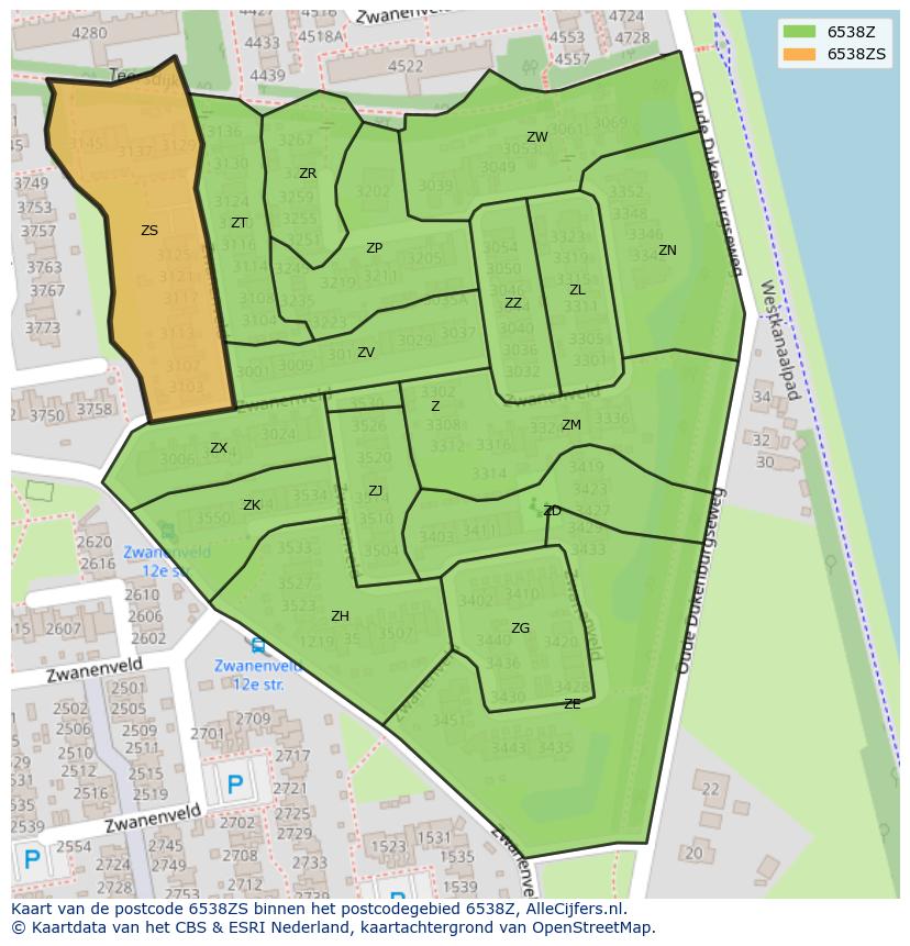 Afbeelding van het postcodegebied 6538 ZS op de kaart.