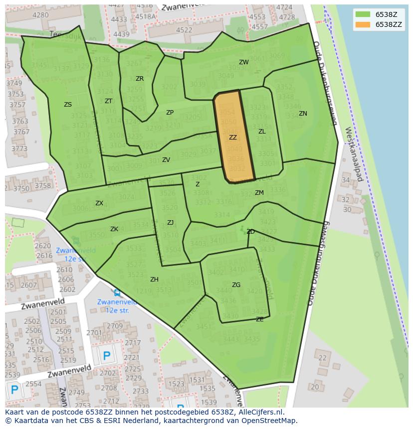 Afbeelding van het postcodegebied 6538 ZZ op de kaart.