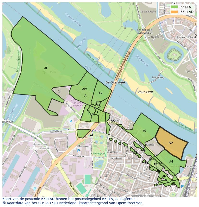 Afbeelding van het postcodegebied 6541 AD op de kaart.