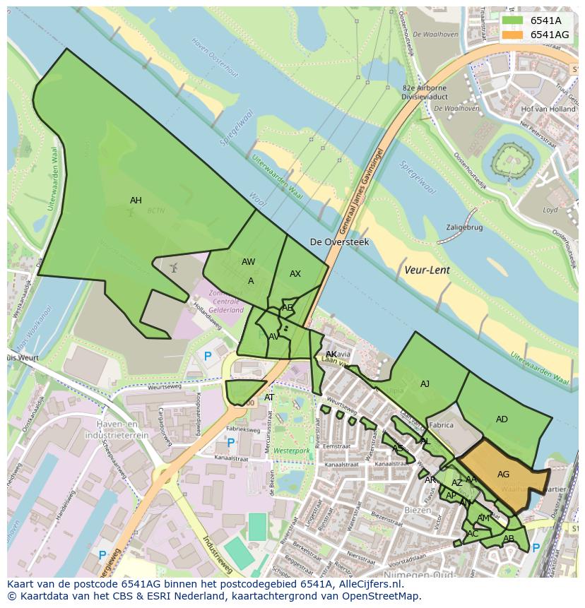 Afbeelding van het postcodegebied 6541 AG op de kaart.