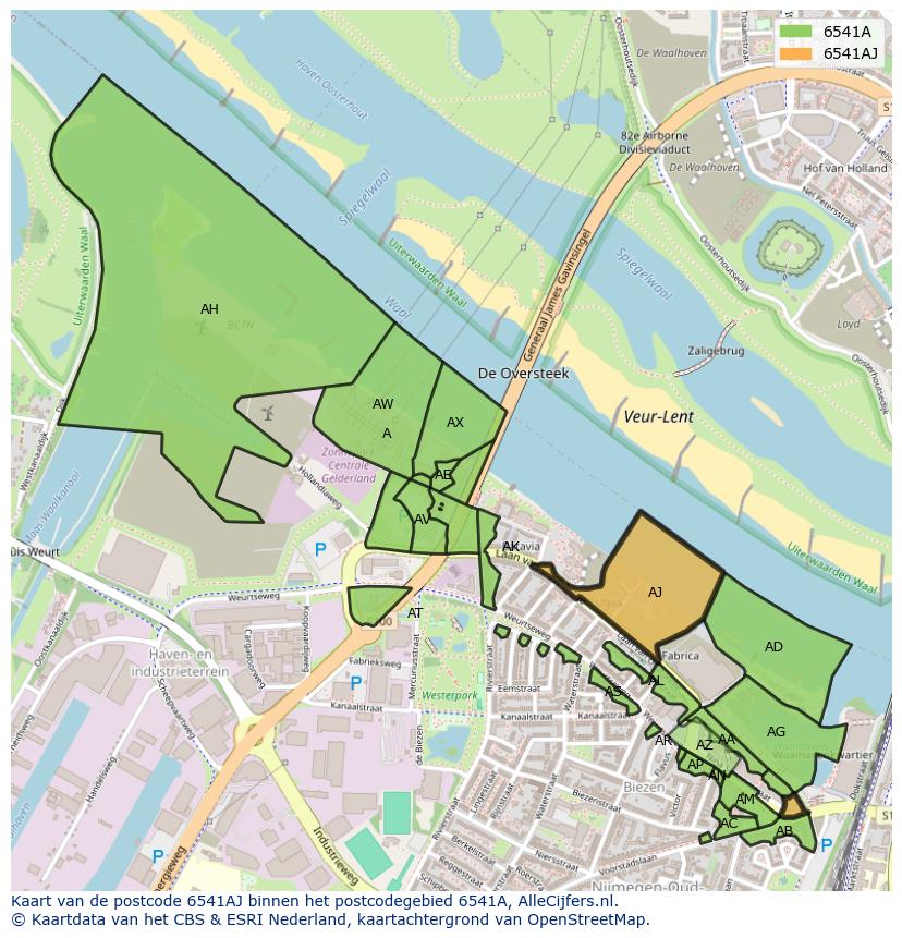 Afbeelding van het postcodegebied 6541 AJ op de kaart.