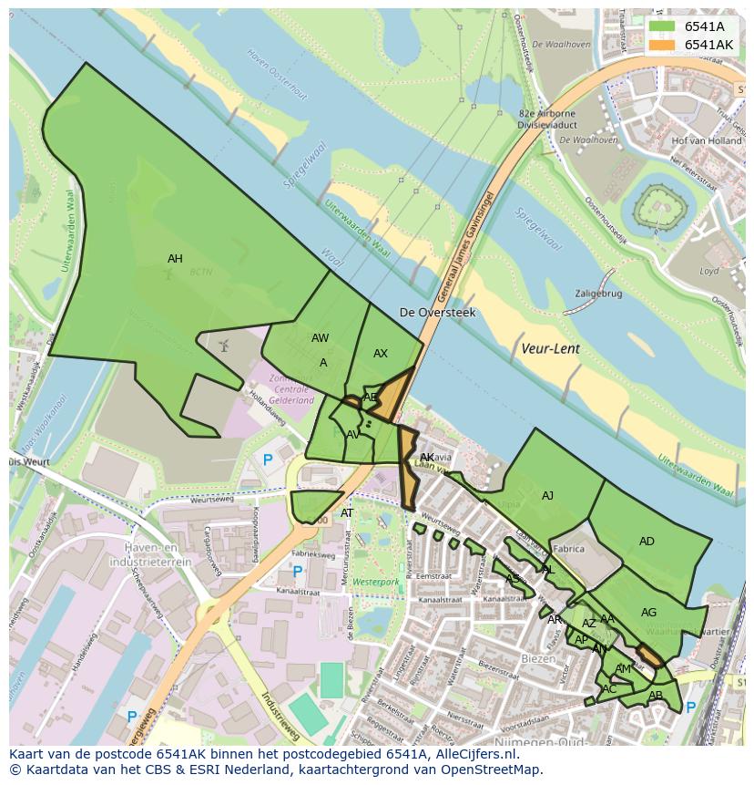 Afbeelding van het postcodegebied 6541 AK op de kaart.
