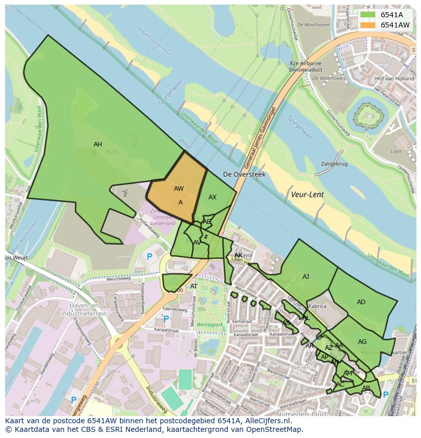 Afbeelding van het postcodegebied 6541 AW op de kaart.
