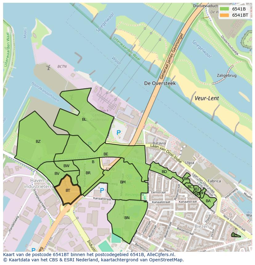 Afbeelding van het postcodegebied 6541 BT op de kaart.