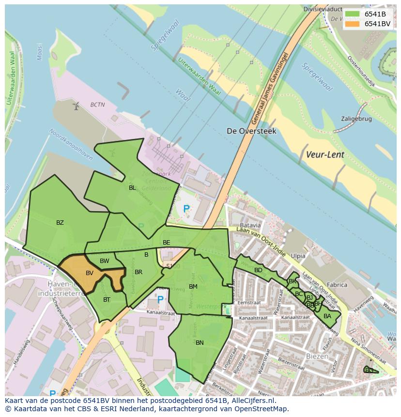Afbeelding van het postcodegebied 6541 BV op de kaart.