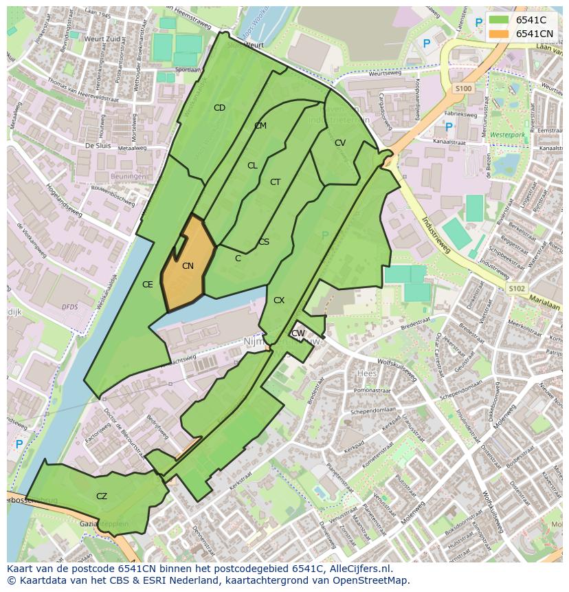 Afbeelding van het postcodegebied 6541 CN op de kaart.