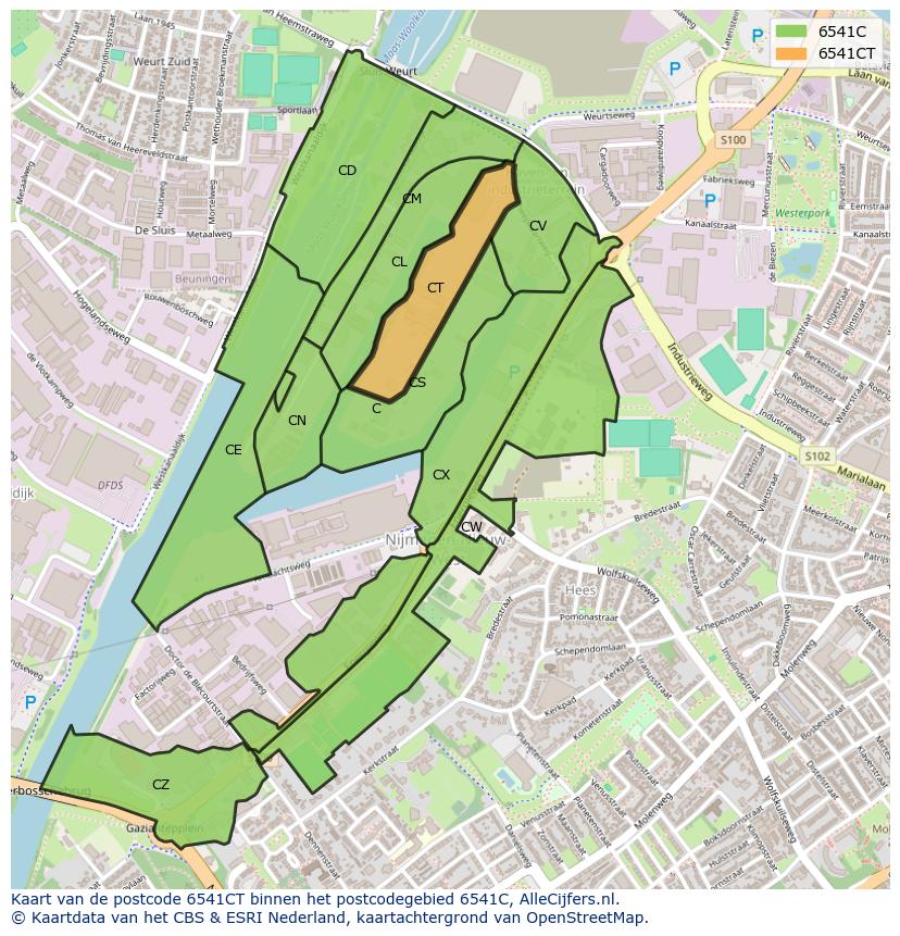 Afbeelding van het postcodegebied 6541 CT op de kaart.