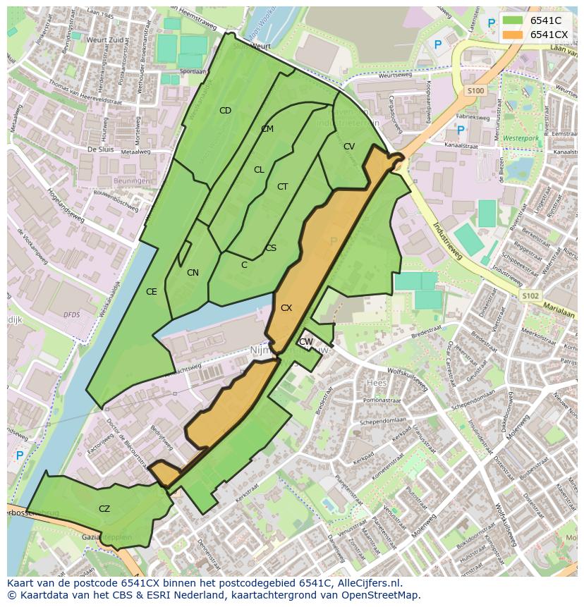Afbeelding van het postcodegebied 6541 CX op de kaart.