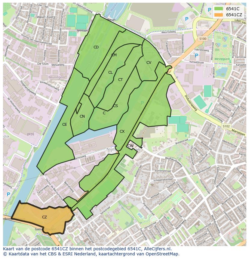 Afbeelding van het postcodegebied 6541 CZ op de kaart.
