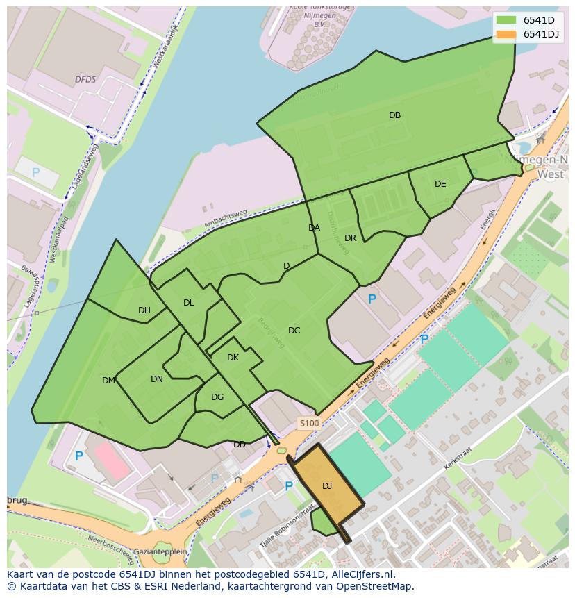 Afbeelding van het postcodegebied 6541 DJ op de kaart.