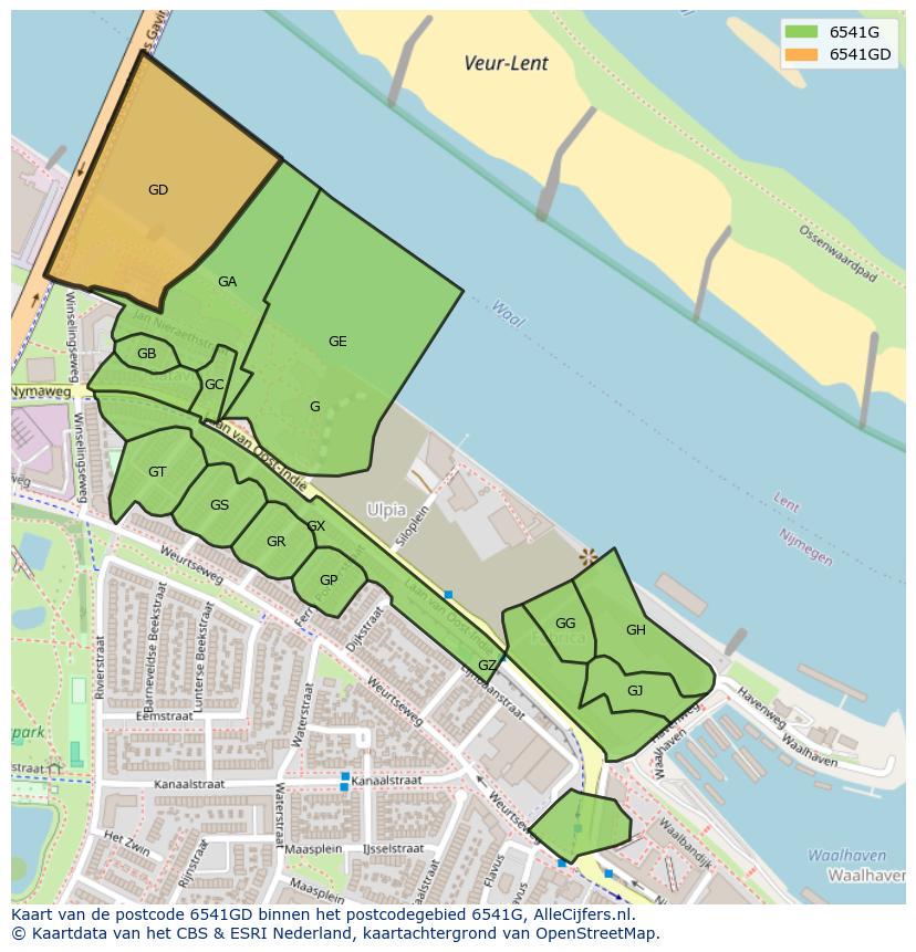 Afbeelding van het postcodegebied 6541 GD op de kaart.