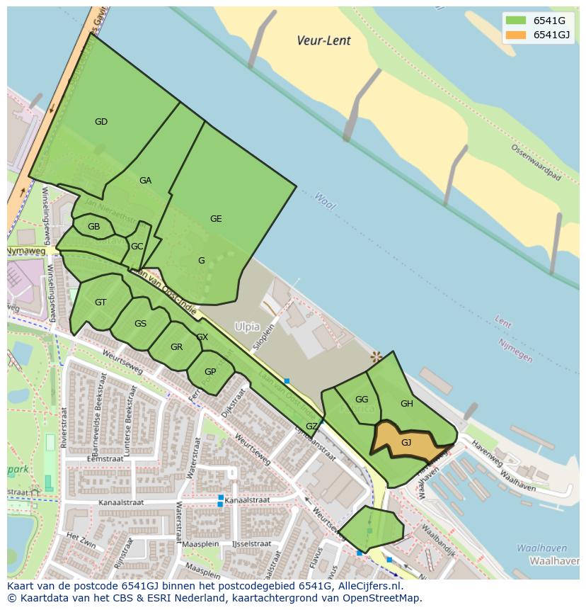 Afbeelding van het postcodegebied 6541 GJ op de kaart.