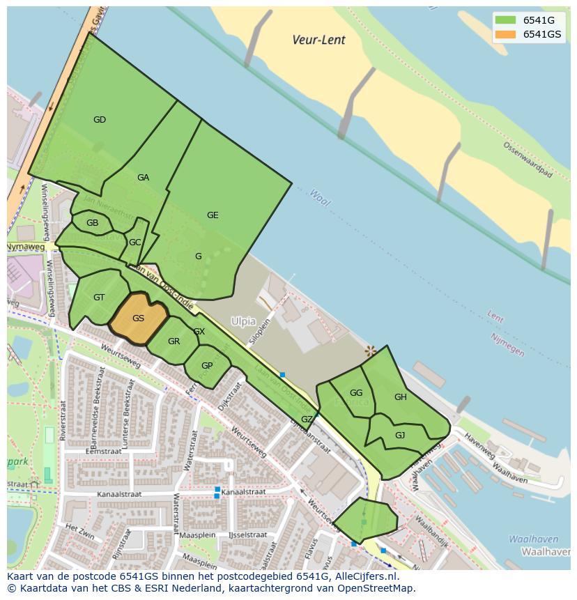 Afbeelding van het postcodegebied 6541 GS op de kaart.