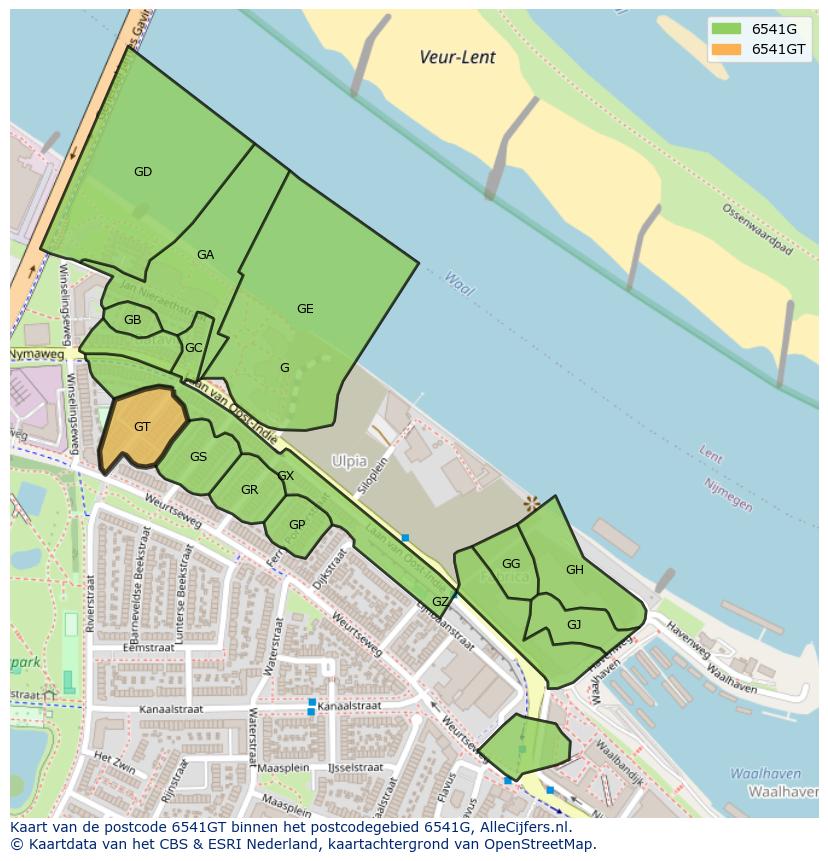 Afbeelding van het postcodegebied 6541 GT op de kaart.